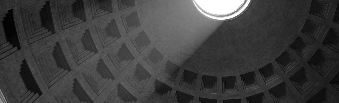 Black and white photo of the ceiling
      of the Pantheon (Rome, Italy), with a sunbeam streaming through the oculus.